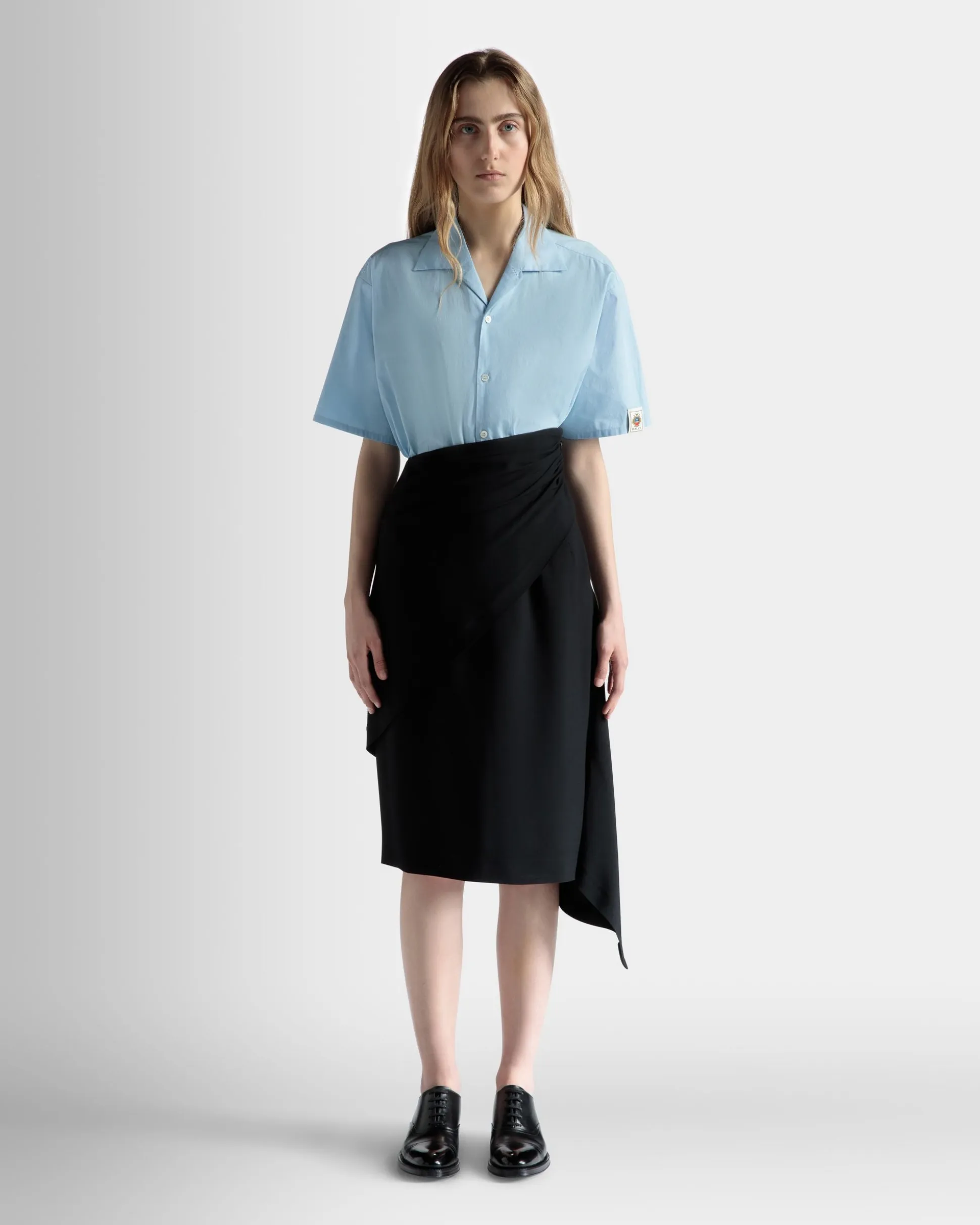 Asymmetric Midi Skirt in Black Fluid Crepe