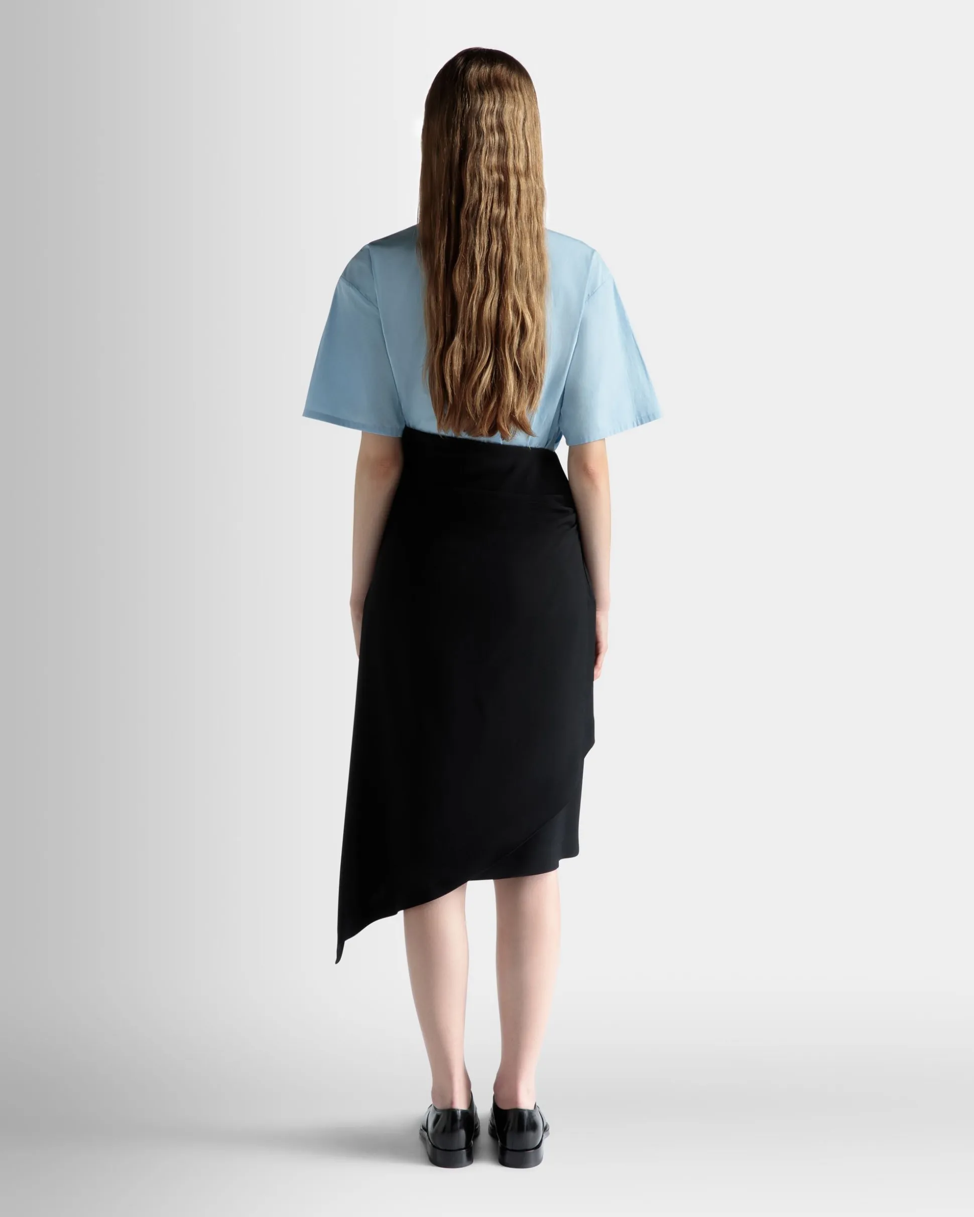 Asymmetric Midi Skirt in Black Fluid Crepe