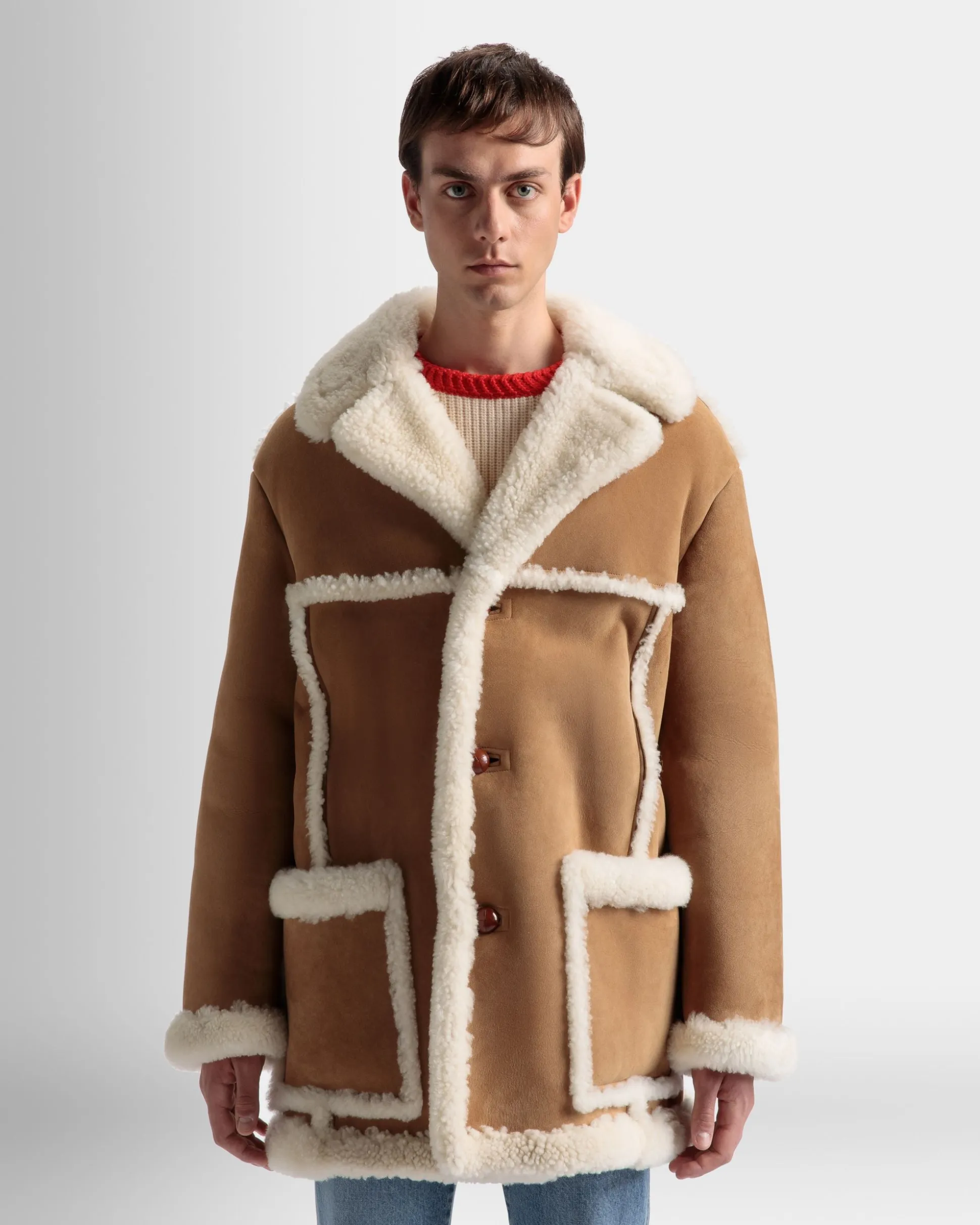 Aviator Coat In Brown Leather and Merino