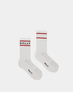 Bally Stripe Socks In White And Deep Ruby