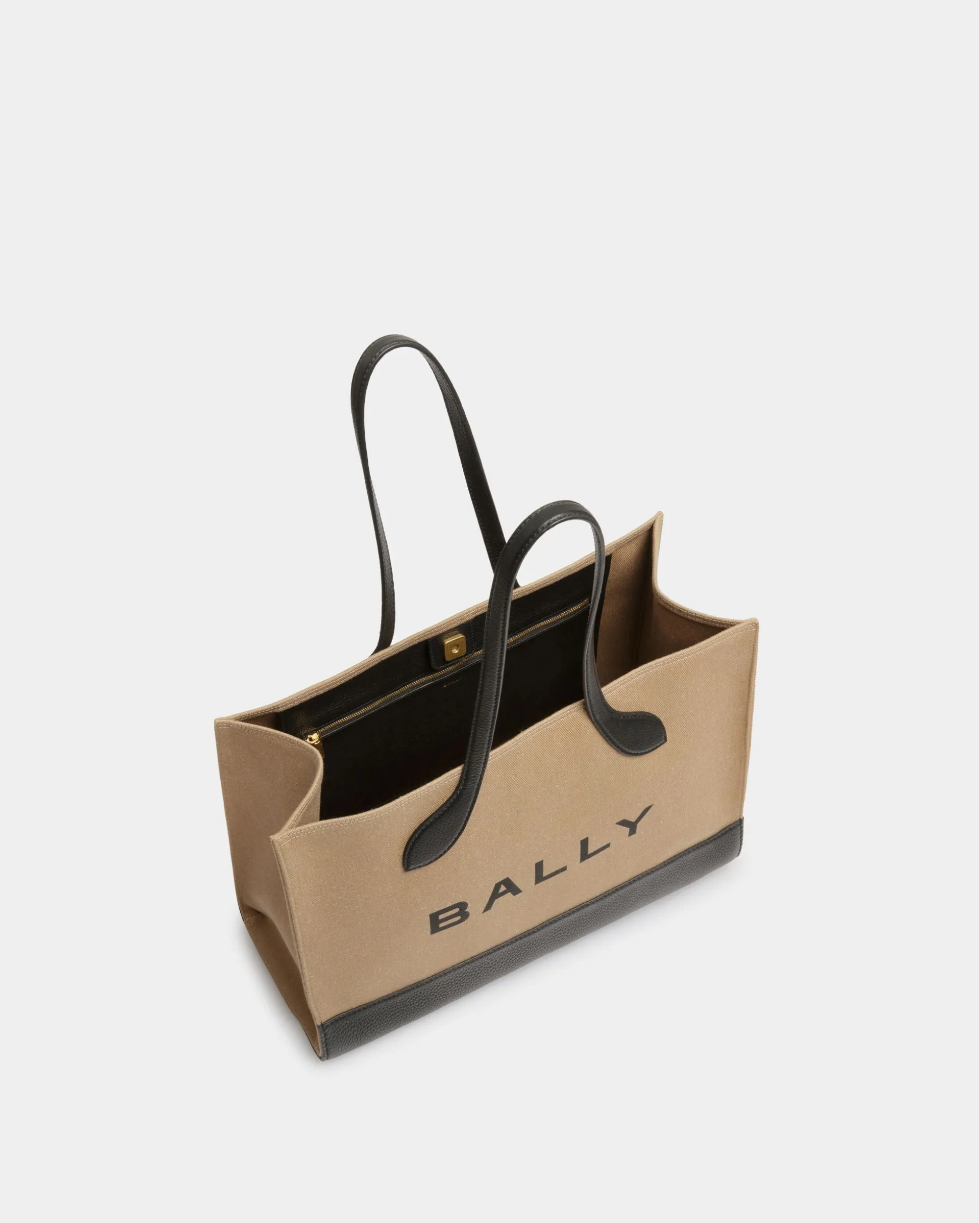 Bar Tote Bag In Sand And Black Fabric