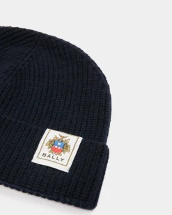 Beanie With Bally Crest Logo In Navy Blue Wool