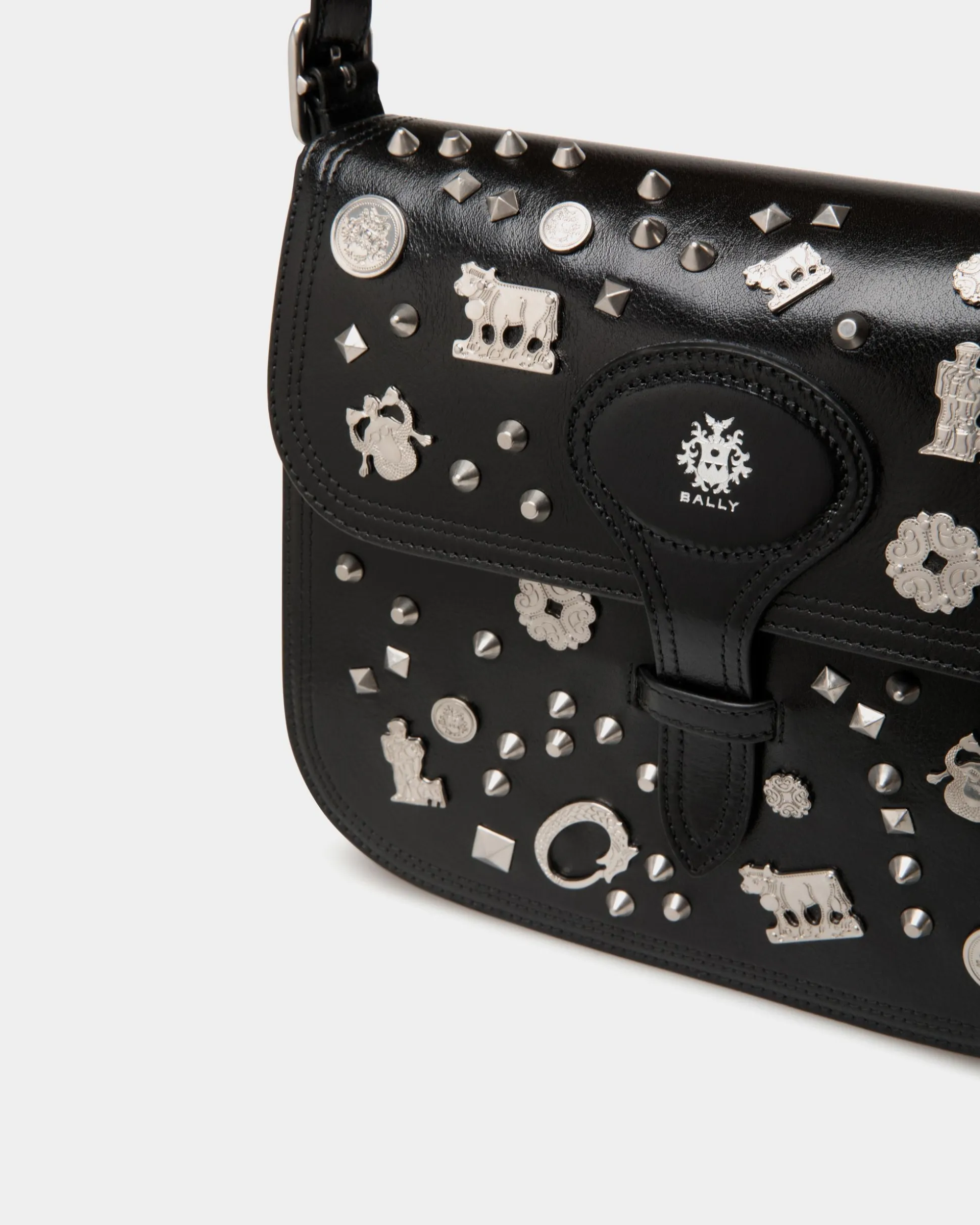 Beckett Crossbody Bag In Black Leather with Studs