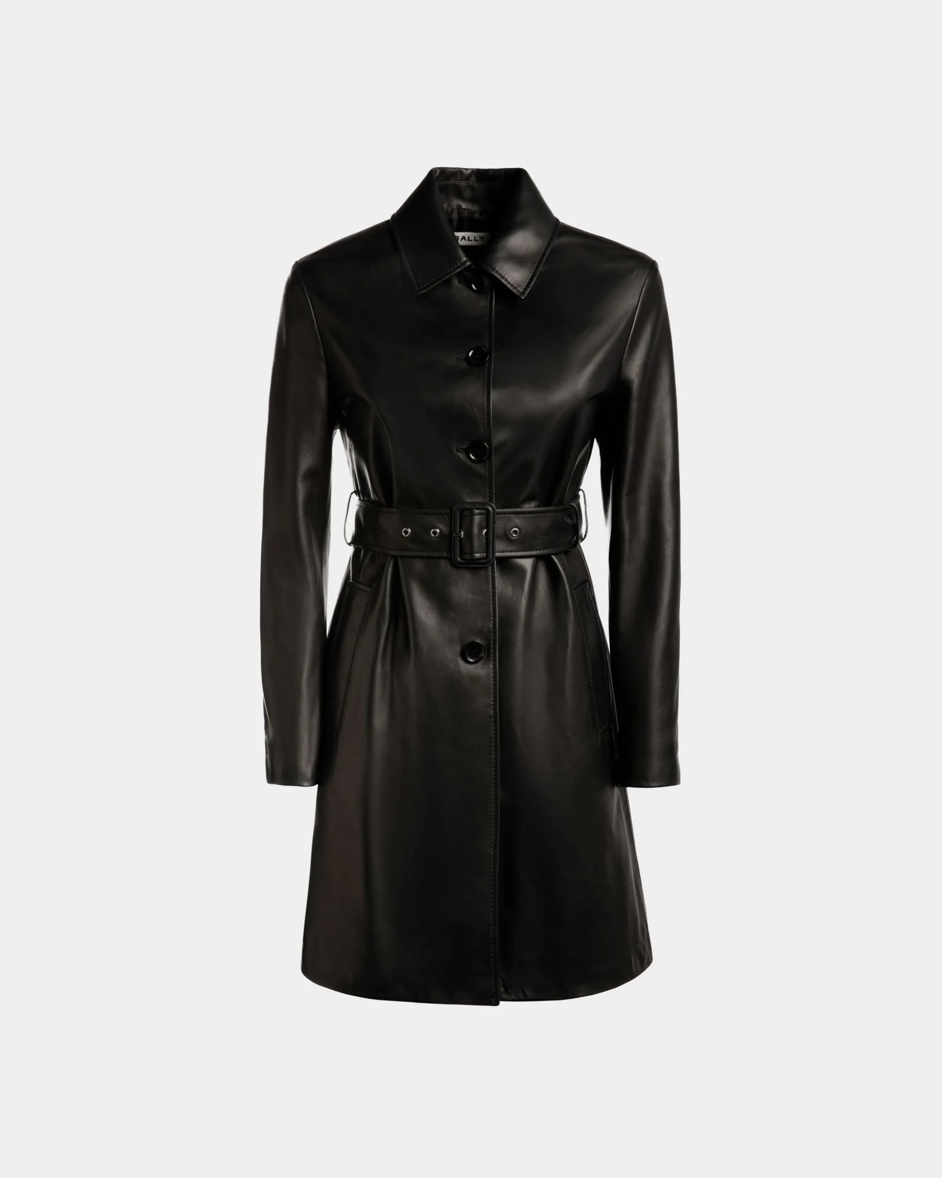 Belted Midi Coat in Black Leather