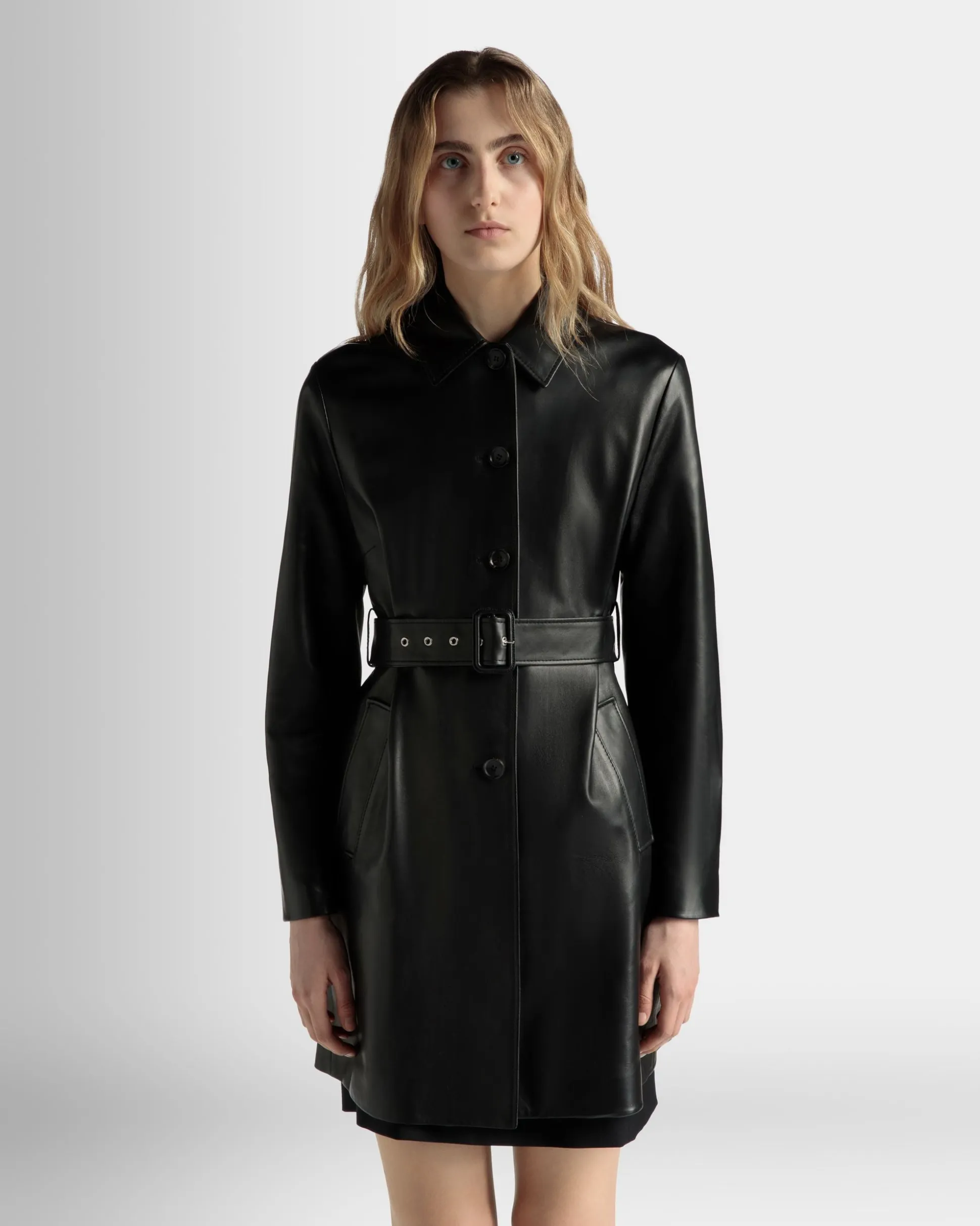 Belted Midi Coat in Black Leather