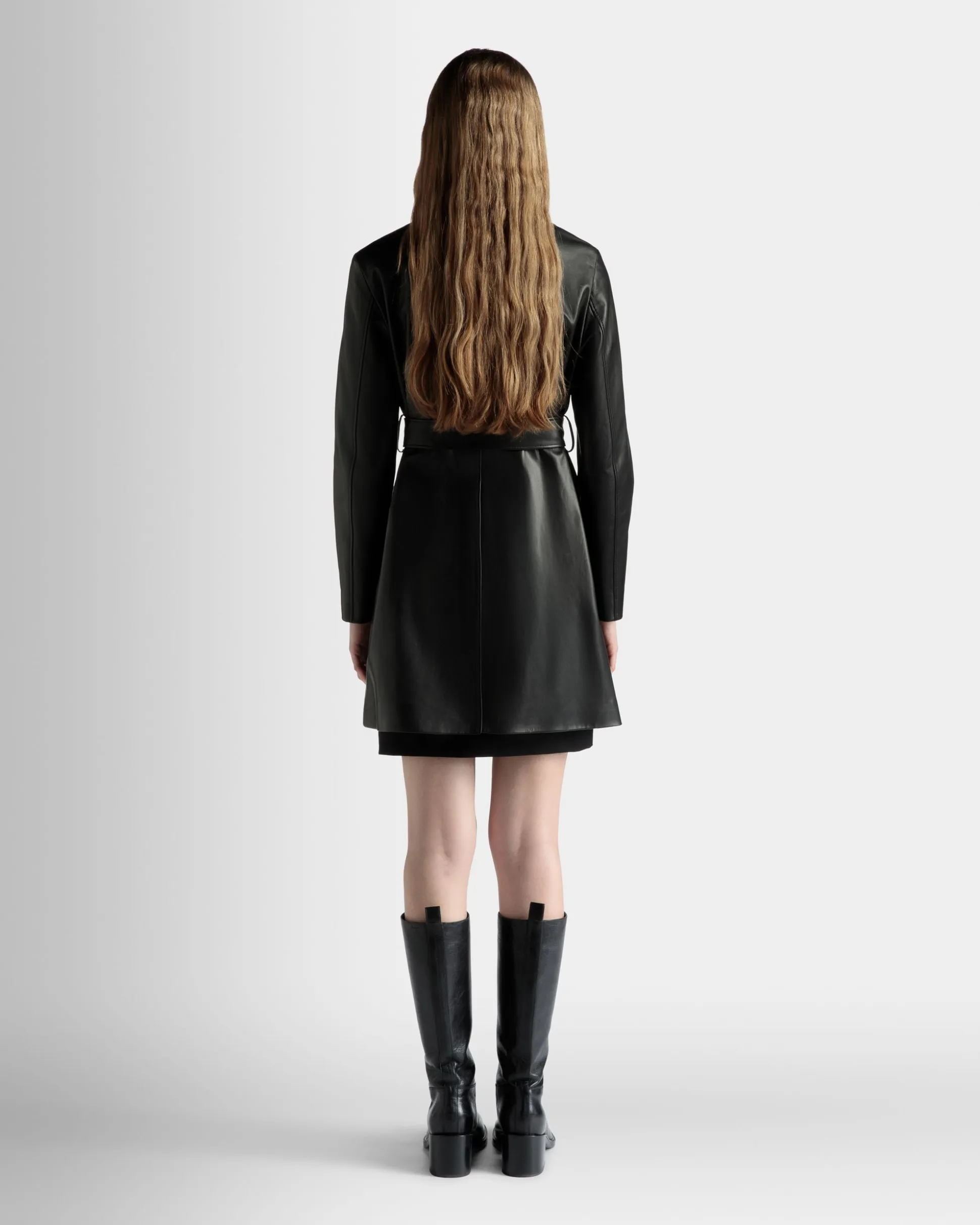 Belted Midi Coat in Black Leather