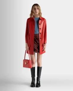 Belted Midi Coat in Candy Red Leather