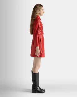 Belted Midi Coat in Candy Red Leather