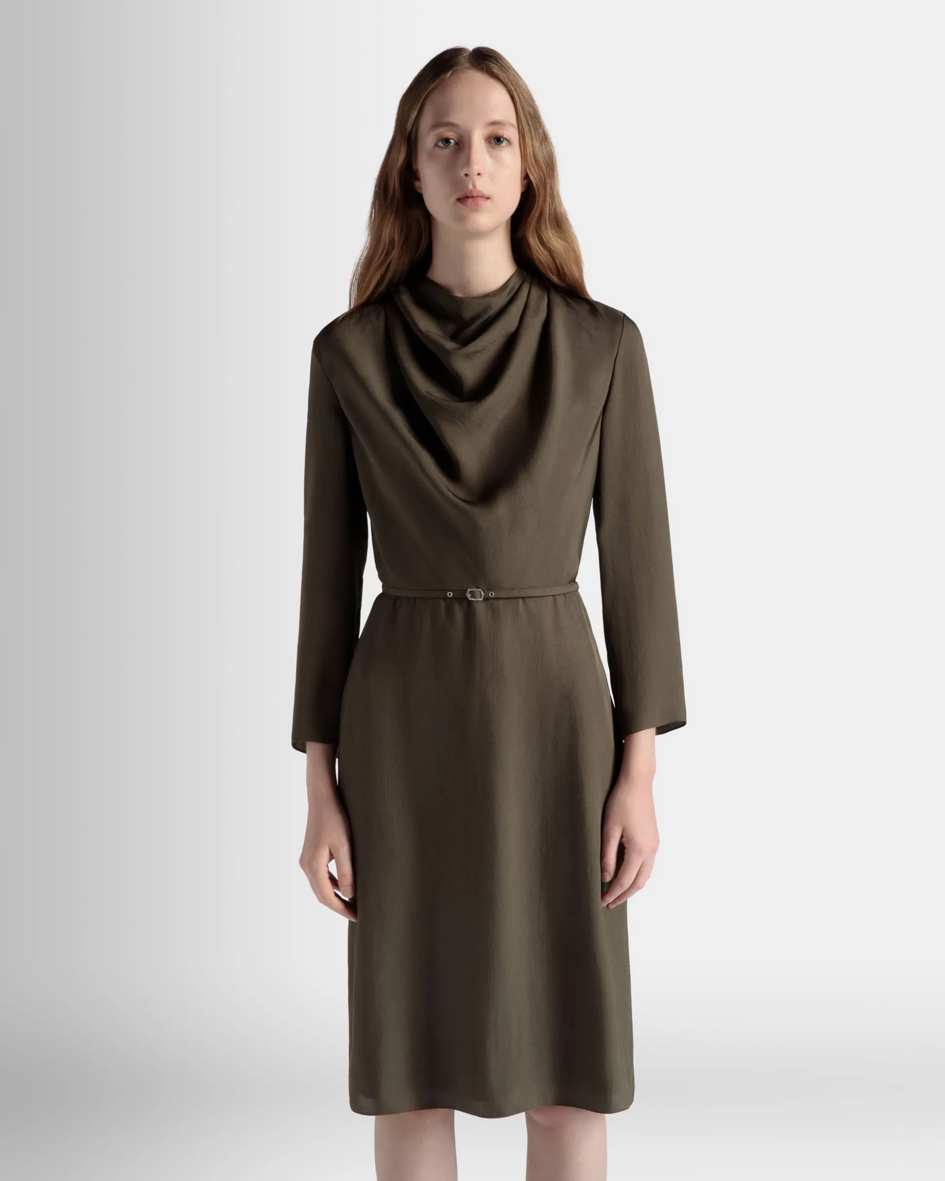 Belted Midi Dress In Military Green Fluid Twill