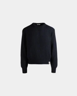 Crewneck Sweater With Bally Crest Logo In Navy Blue Wool And Silk