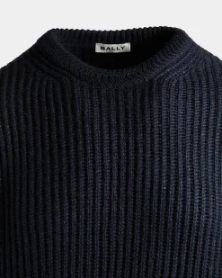 Crewneck Sweater With Bally Crest Logo In Navy Blue Wool And Silk