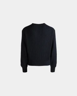 Crewneck Sweater With Bally Crest Logo In Navy Blue Wool And Silk