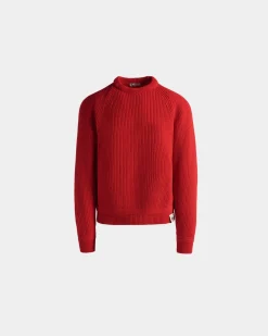 Crewneck Sweater With Bally Crest Logo In Candy Red Wool