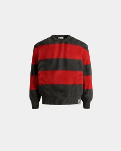 Crewneck Sweater With Bally Crest Logo In Candy Red And Dark Grey Wool