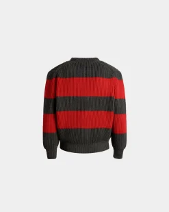 Crewneck Sweater With Bally Crest Logo In Candy Red And Dark Grey Wool