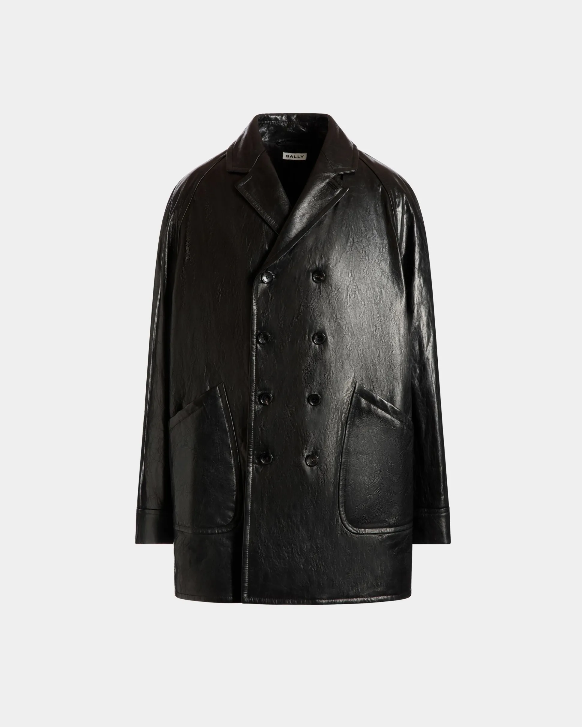 Double-breasted Coat In Black Leather