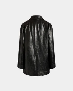 Double-breasted Coat In Black Leather
