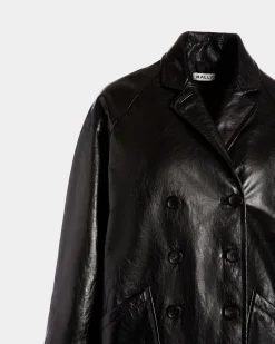 Double-Breasted Midi Coat In Black Leather