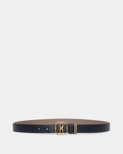 Emblem 25mm Reversible Belt in Navy Blue And Taupe Leather