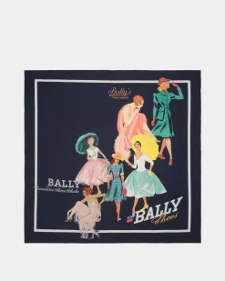 Foulard With Bally Ladies Print In Navy Blue Silk