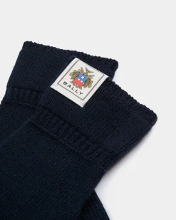 Gloves With Bally Crest Logo In Navy Blue Wool