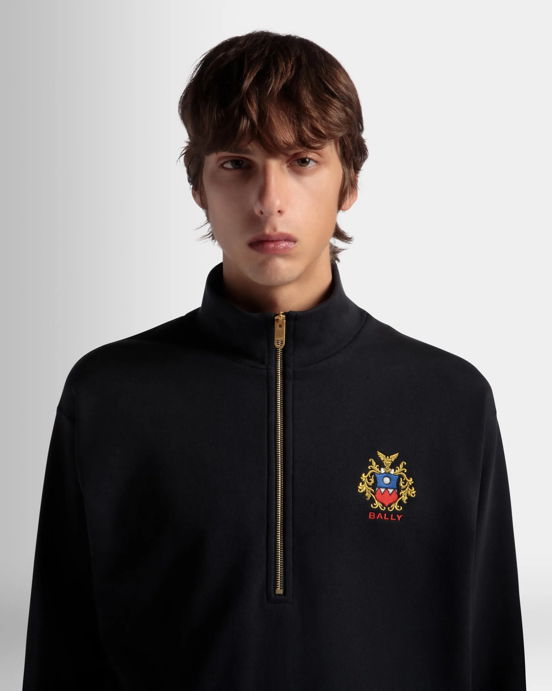 Half Zip Sweatshirt With a Bally Crest Logo In Navy Blue Cotton