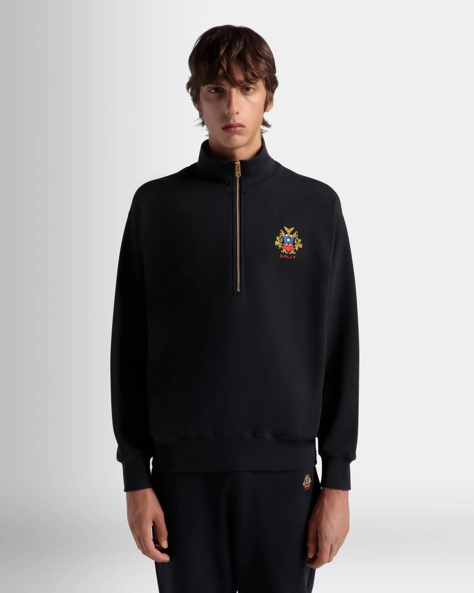 Half Zip Sweatshirt With a Bally Crest Logo In Navy Blue Cotton