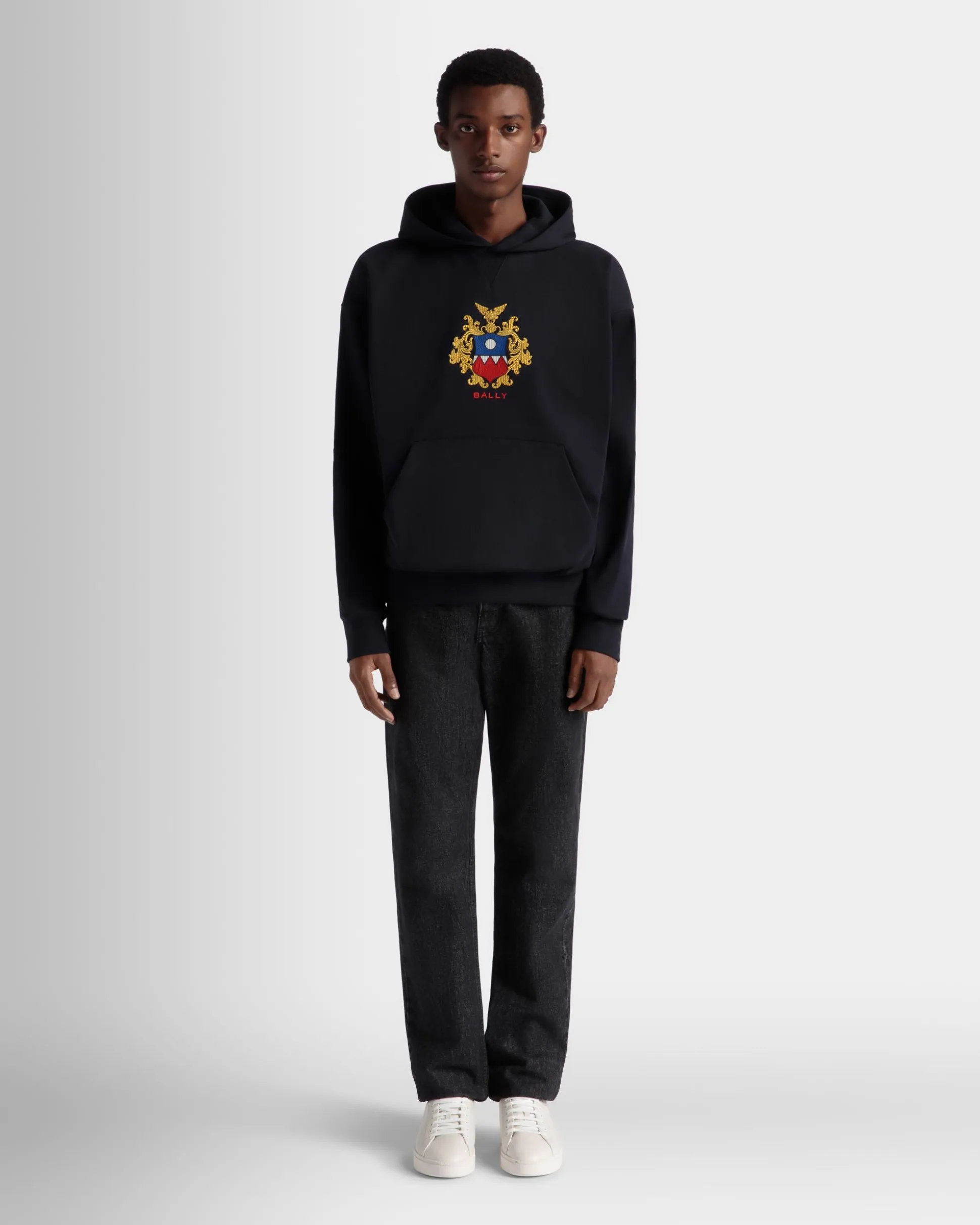 Hoodie With Bally Crest Logo In Navy Blue Cotton
