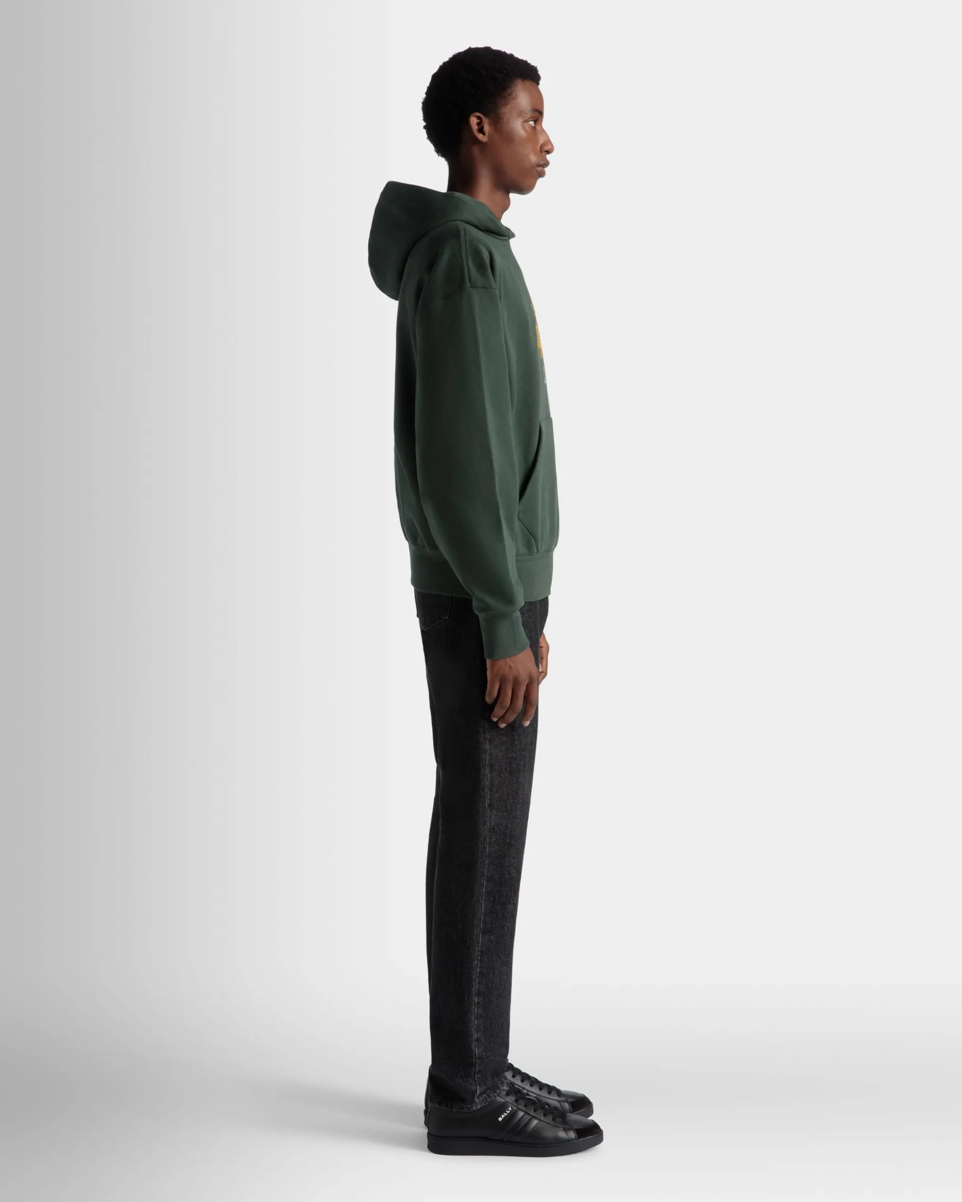 Hoodie With Bally Crest Logo In Bottle Green Cotton