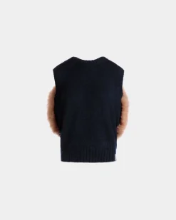Knit Vest In Navy Blue And Praline Beige Mohair And Silk