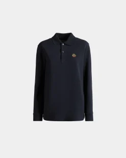 Long Sleeve Polo With a Bally Crest Logo In Navy Blue Cotton