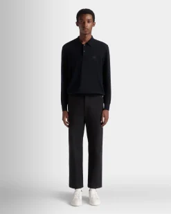 Long Sleeve Polo With Bally Crest Logo In Navy Blue Wool