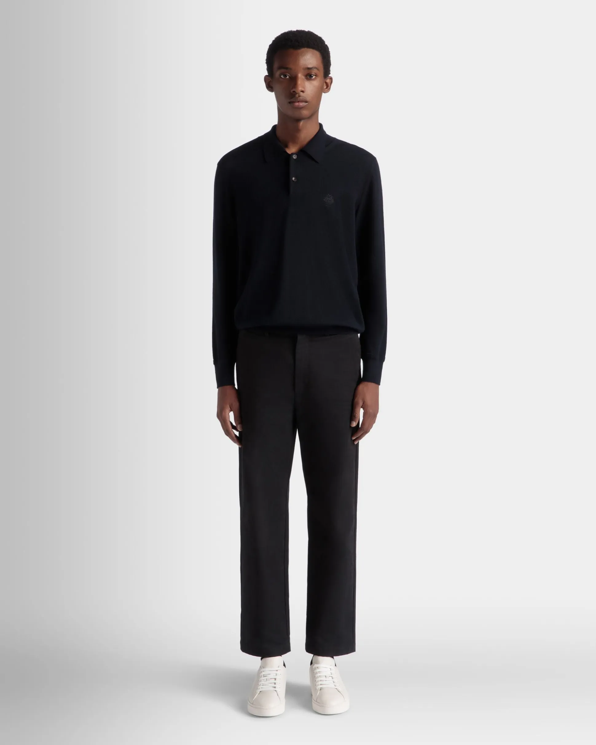 Long Sleeve Polo With Bally Crest Logo In Navy Blue Wool
