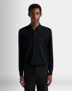 Long Sleeve Polo With Bally Crest Logo In Navy Blue Wool