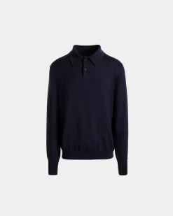 Long Sleeve Polo With Bally Crest Logo in Navy Blue Cashmere Blend