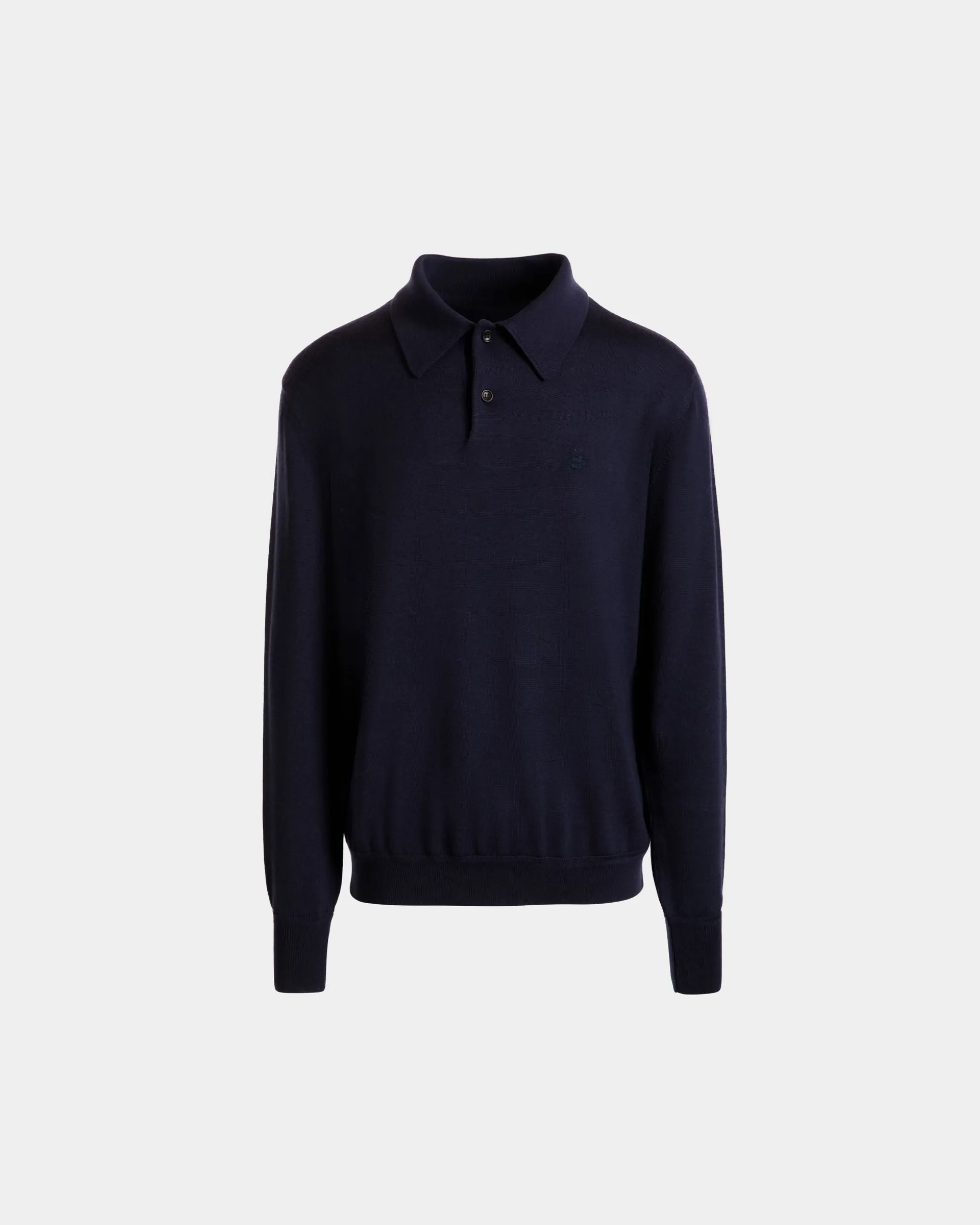 Long Sleeve Polo With Bally Crest Logo in Navy Blue Cashmere Blend