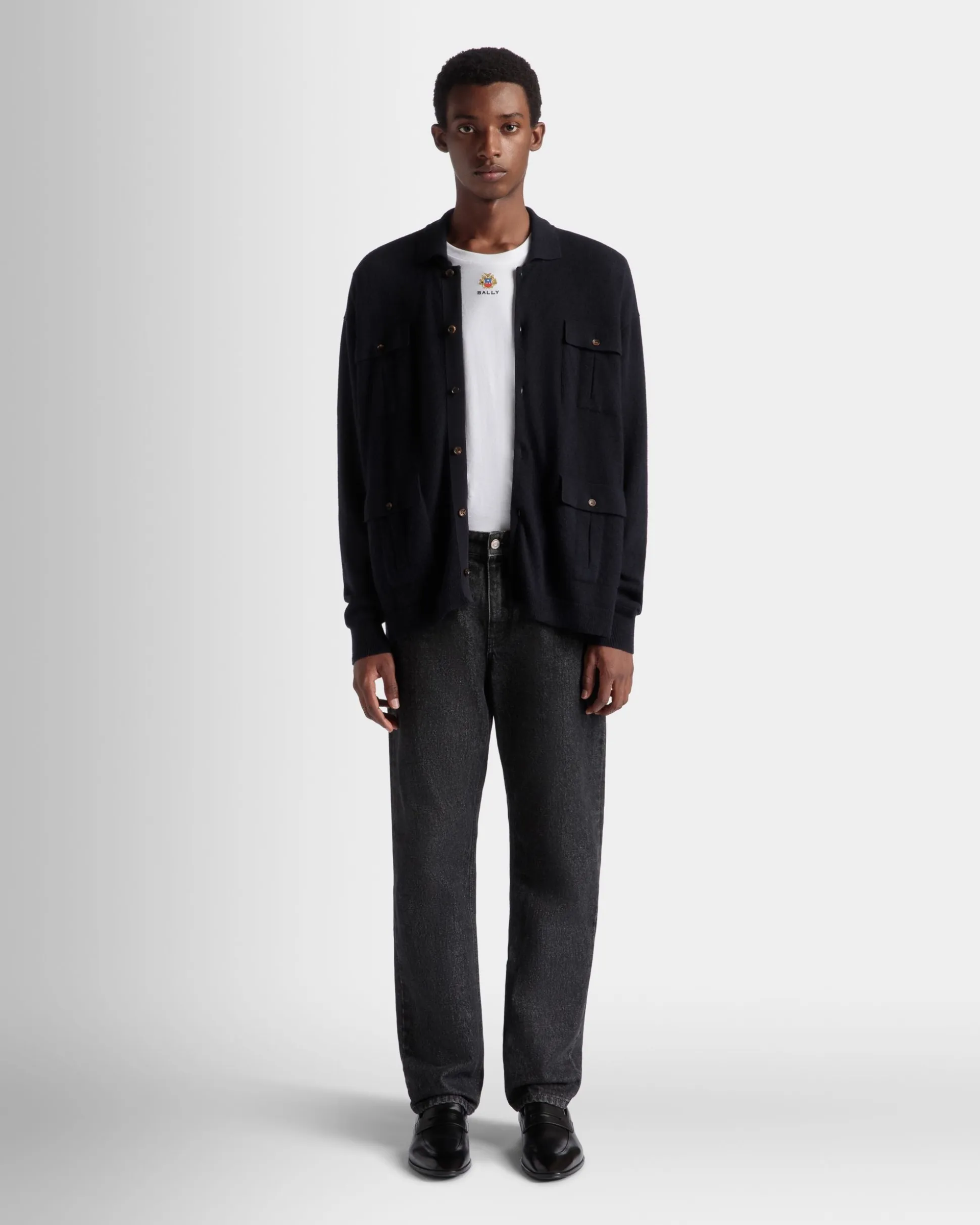 Long Sleeve Shirt With Logo In Navy Blue Cashmere