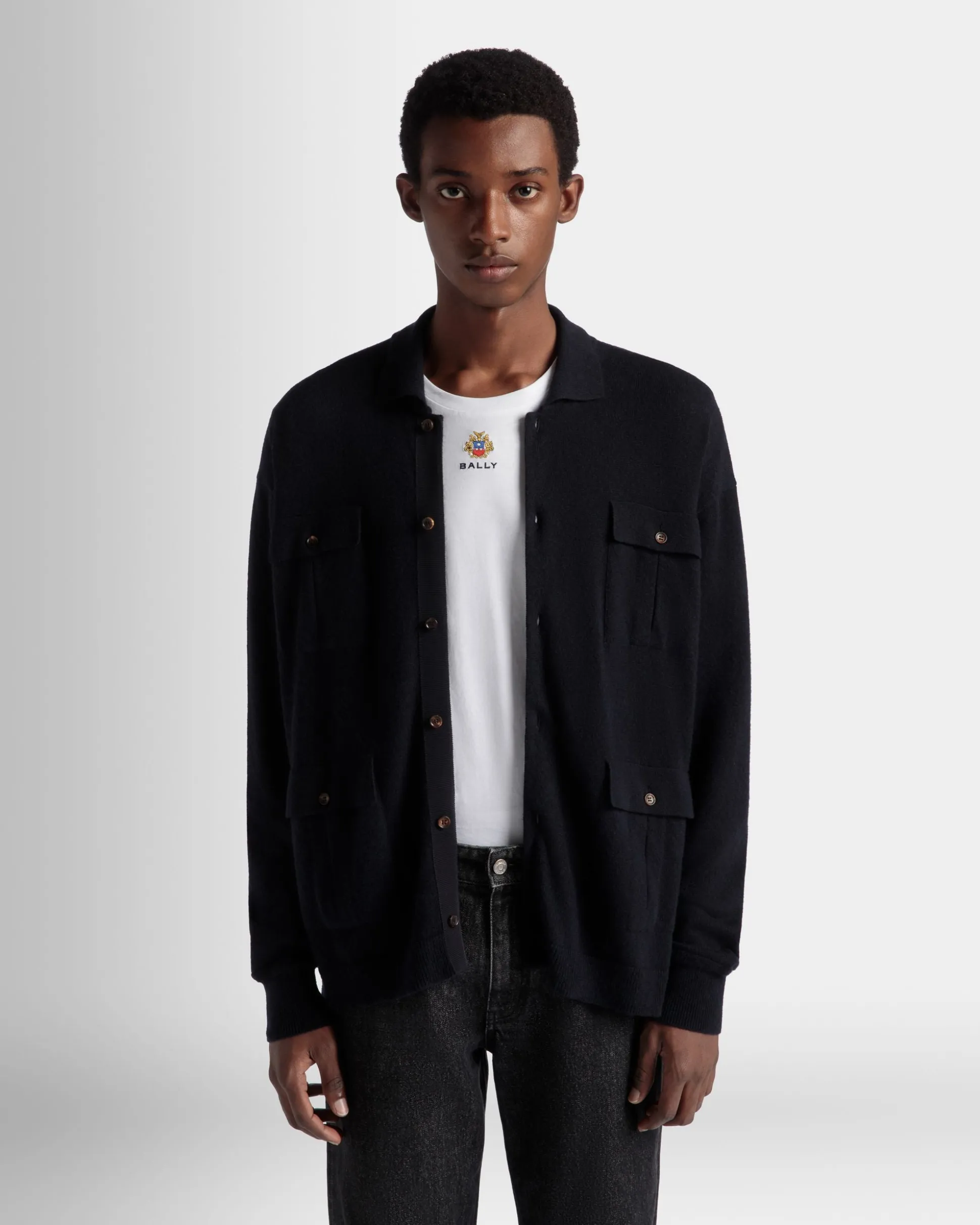 Long Sleeve Shirt With Logo In Navy Blue Cashmere