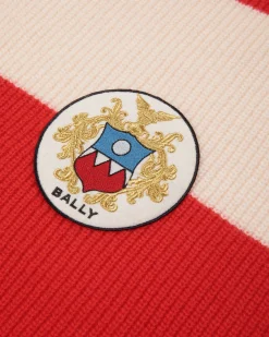 Scarf With a Bally Crest Logo in Candy Red and Ivory Wool
