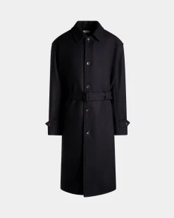 Single-breasted Coat In Navy Blue Wool Blend