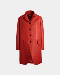 Single-Breasted Midi Coat In Candy Red Leather