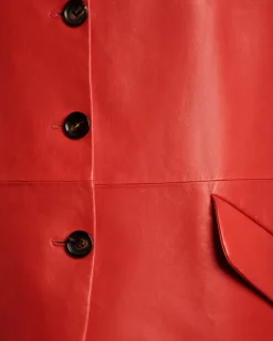 Single-Breasted Midi Coat In Candy Red Leather