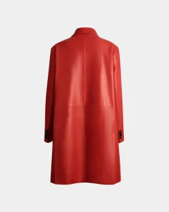 Single-Breasted Midi Coat In Candy Red Leather