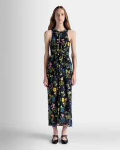 Sleeveless Midi Dress In Mountain Flower Print Silk