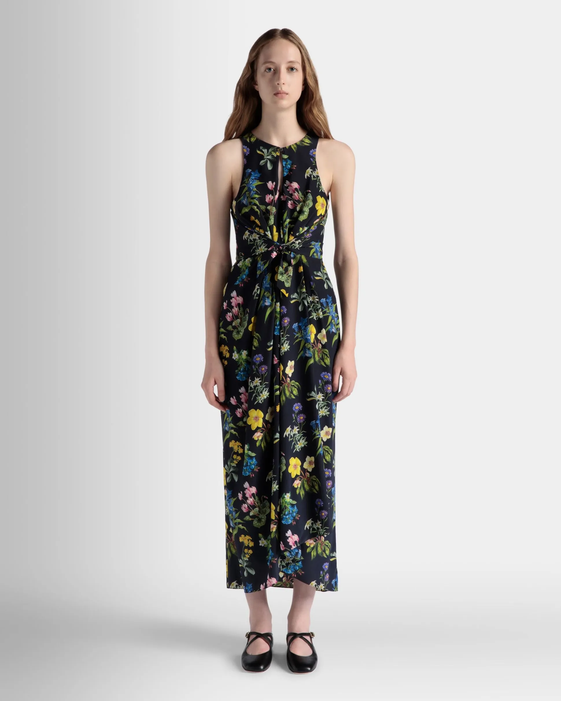Sleeveless Midi Dress In Mountain Flower Print Silk