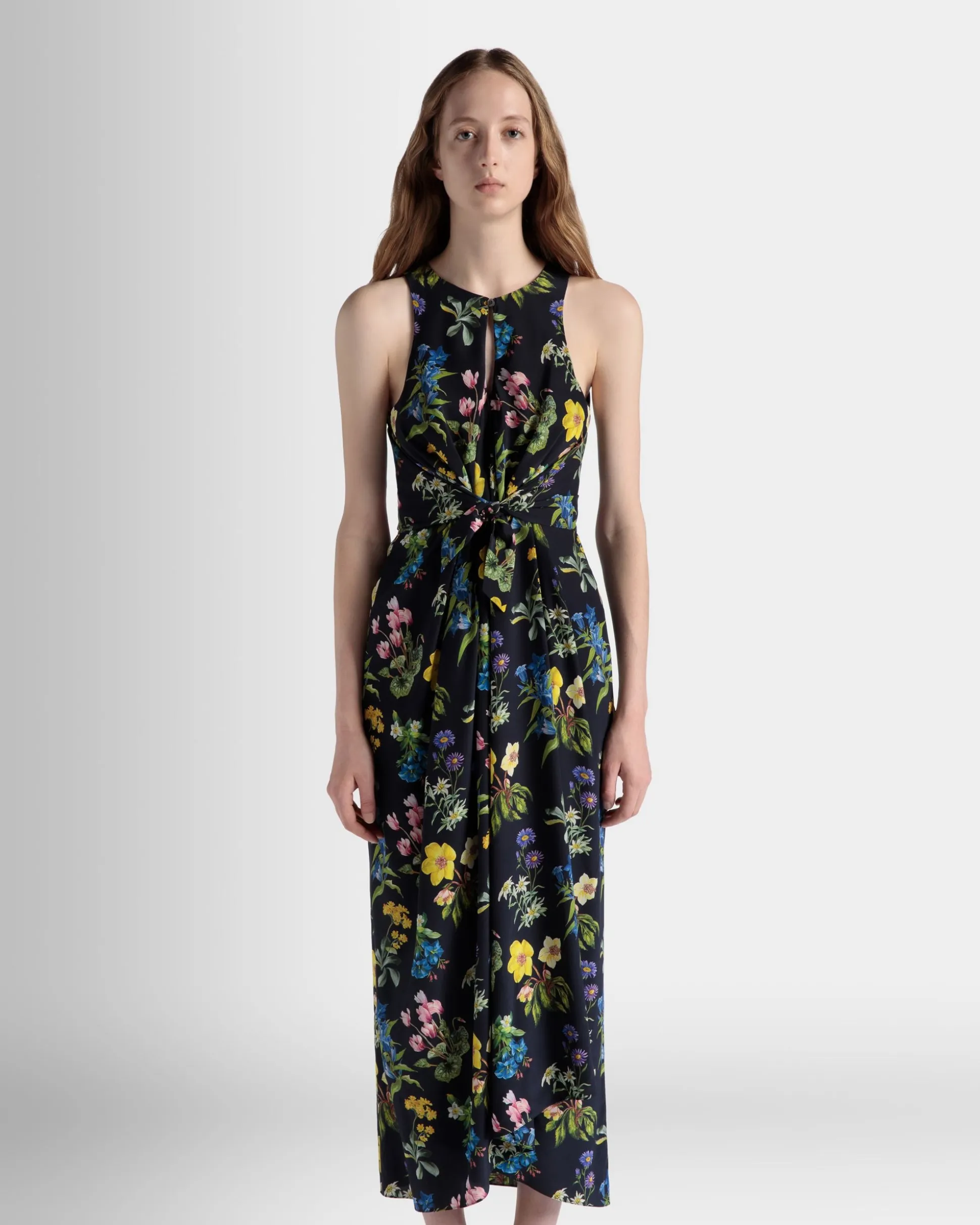 Sleeveless Midi Dress In Mountain Flower Print Silk