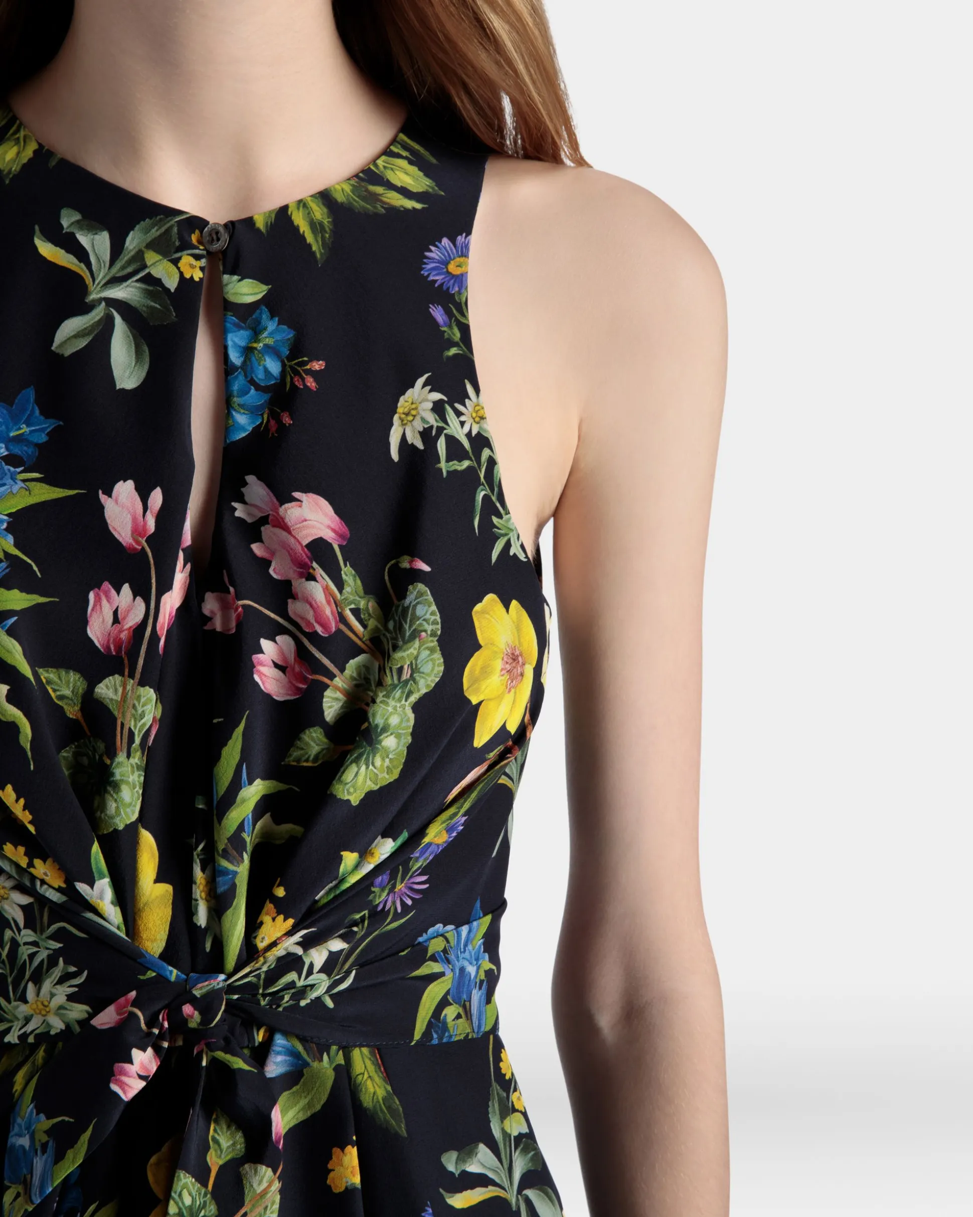 Sleeveless Midi Dress In Mountain Flower Print Silk
