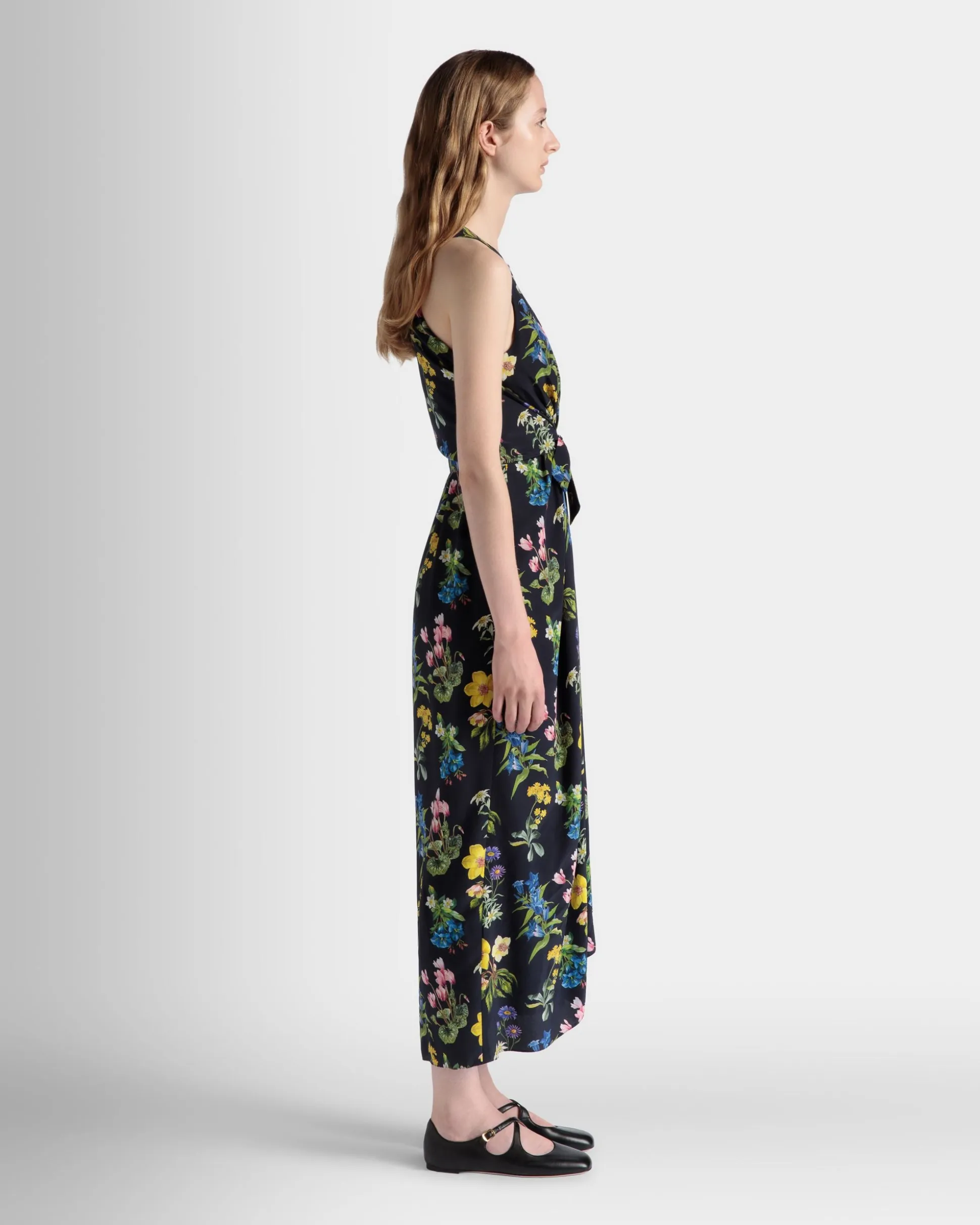 Sleeveless Midi Dress In Mountain Flower Print Silk