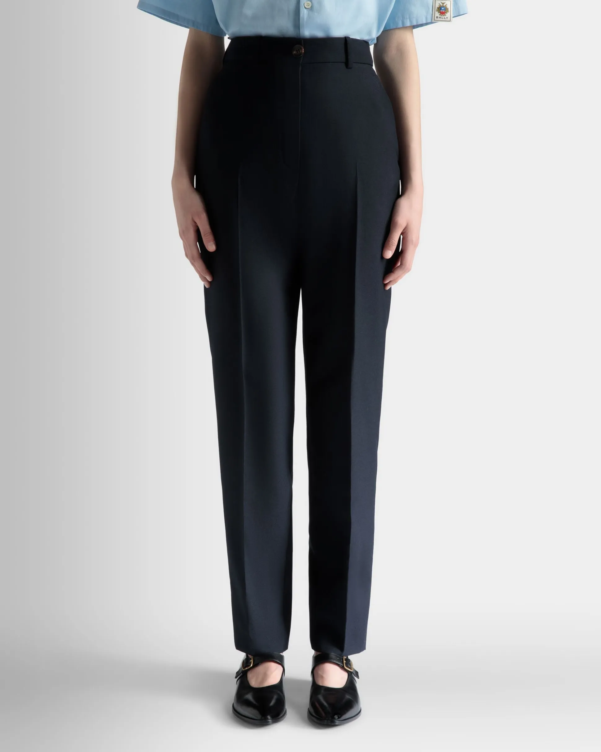 Straight Fit Pants in Navy Blue Wool Blend
