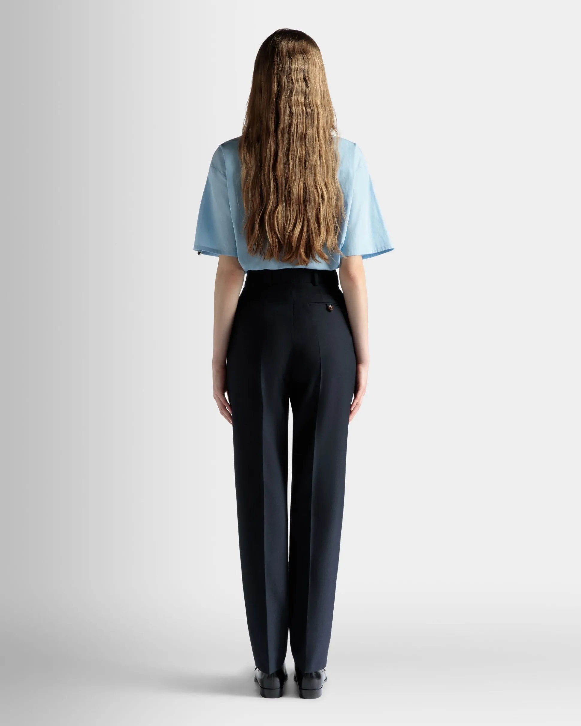 Straight Fit Pants in Navy Blue Wool Blend